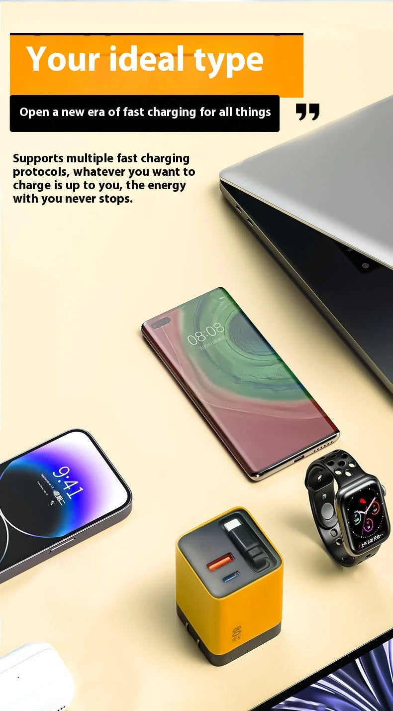 شاحن سريع ثنائي المنافذ + كابل سحب مرن وقابل للطي – متوافق مع Apple والأجهزة الذكية