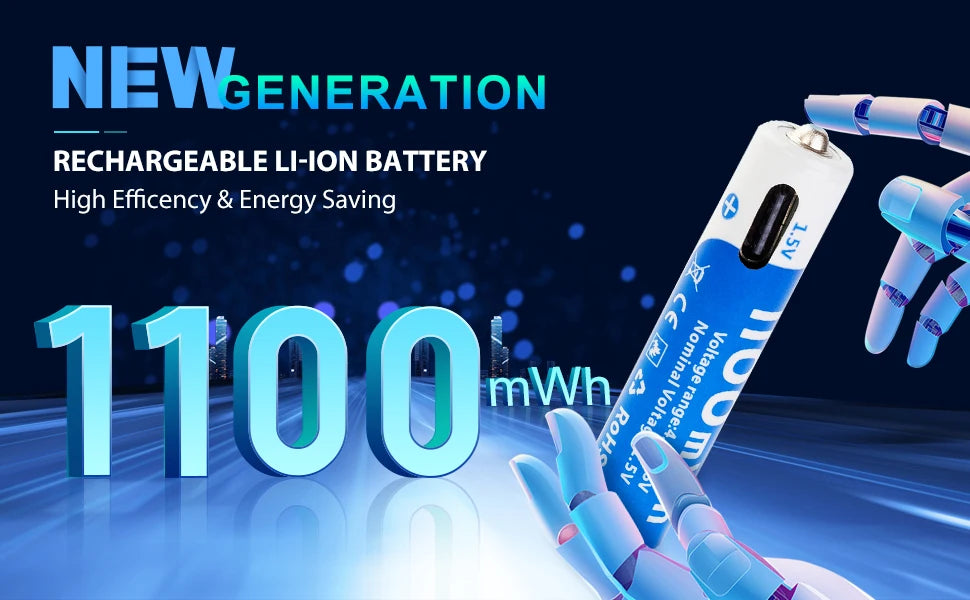 بطاريات AAA ليثيوم أيون قابلة للشحن عبر USB، بسعة 1100mAh وفولتية ثابتة 1.5V. مثالية للألعاب الإلكترونية، أجهزة التحكم، الميكروفونات، وأجهزة المنزل. خفيفة، عملية، صديقة للبيئة، وتتحمل حتى 1000 دورة شحن.