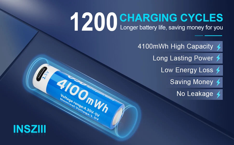 بطارية AA ليثيوم قابلة للشحن USB-C – سعة 4100mWh، جهد ثابت 1.5V، متعددة الاستخدامات