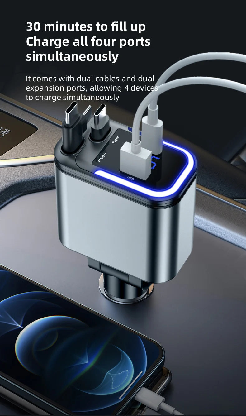 شاحن سيارة رقمي 120W متعدد المنافذ (5 في 1) مع كابل قابل للسحب وشاشة عرض رقمية – شحن سريع وآمن