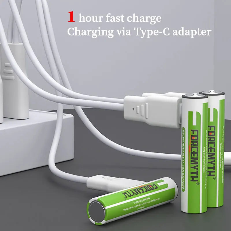 بطاريات AA قابلة للشحن 1.5V USB-C ليثيوم أيون – سعة 2500mWh، متعددة الاستخدامات وصديقة للبيئة