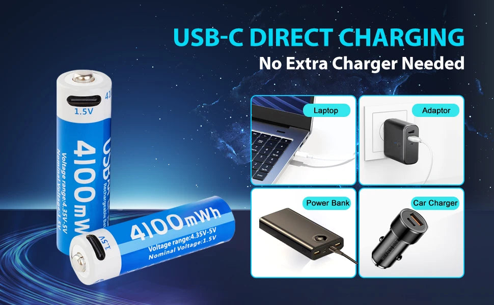بطارية AA ليثيوم قابلة للشحن USB-C – سعة 4100mWh، جهد ثابت 1.5V، متعددة الاستخدامات