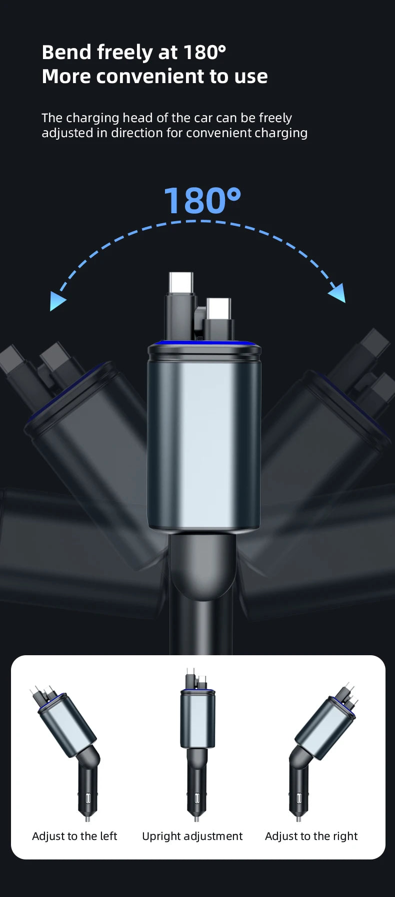 شاحن سيارة رقمي 120W متعدد المنافذ (5 في 1) مع كابل قابل للسحب وشاشة عرض رقمية – شحن سريع وآمن