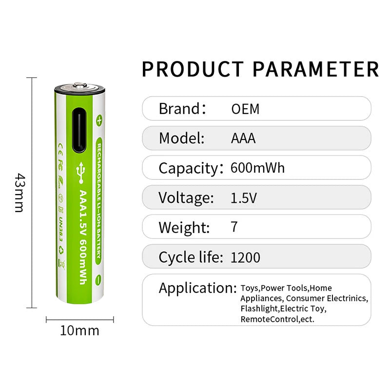 بطاريات AA قابلة للشحن 1.5V USB-C ليثيوم أيون – سعة 2500mWh، متعددة الاستخدامات وصديقة للبيئة