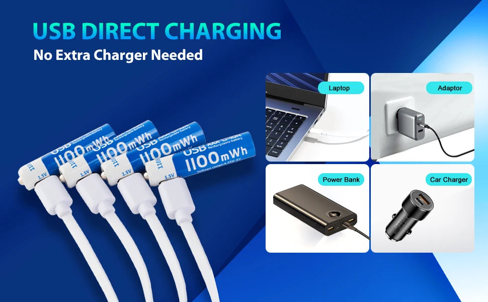 بطاريات AAA ليثيوم أيون قابلة للشحن عبر USB، بسعة 1100mAh وفولتية ثابتة 1.5V. مثالية للألعاب الإلكترونية، أجهزة التحكم، الميكروفونات، وأجهزة المنزل. خفيفة، عملية، صديقة للبيئة، وتتحمل حتى 1000 دورة شحن.