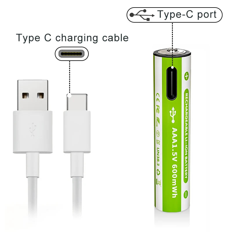 بطاريات AA قابلة للشحن 1.5V USB-C ليثيوم أيون – سعة 2500mWh، متعددة الاستخدامات وصديقة للبيئة
