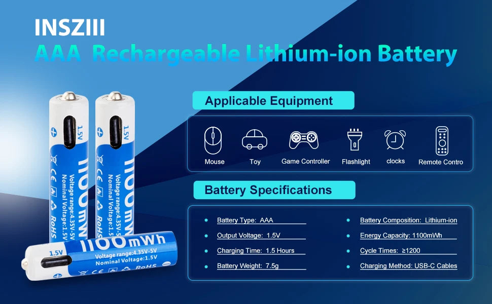 بطاريات AAA ليثيوم أيون قابلة للشحن عبر USB، بسعة 1100mAh وفولتية ثابتة 1.5V. مثالية للألعاب الإلكترونية، أجهزة التحكم، الميكروفونات، وأجهزة المنزل. خفيفة، عملية، صديقة للبيئة، وتتحمل حتى 1000 دورة شحن.