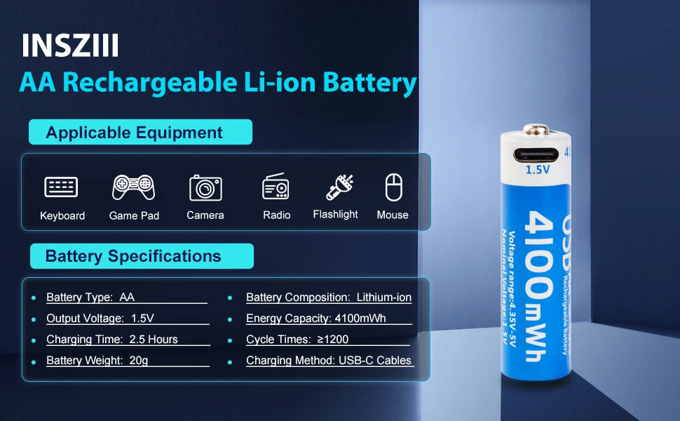 بطارية AA ليثيوم قابلة للشحن USB-C – سعة 4100mWh، جهد ثابت 1.5V، متعددة الاستخدامات