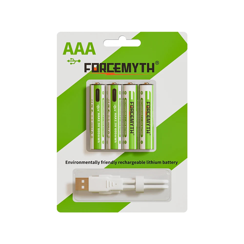 بطاريات AA قابلة للشحن 1.5V USB-C ليثيوم أيون – سعة 2500mWh، متعددة الاستخدامات وصديقة للبيئة