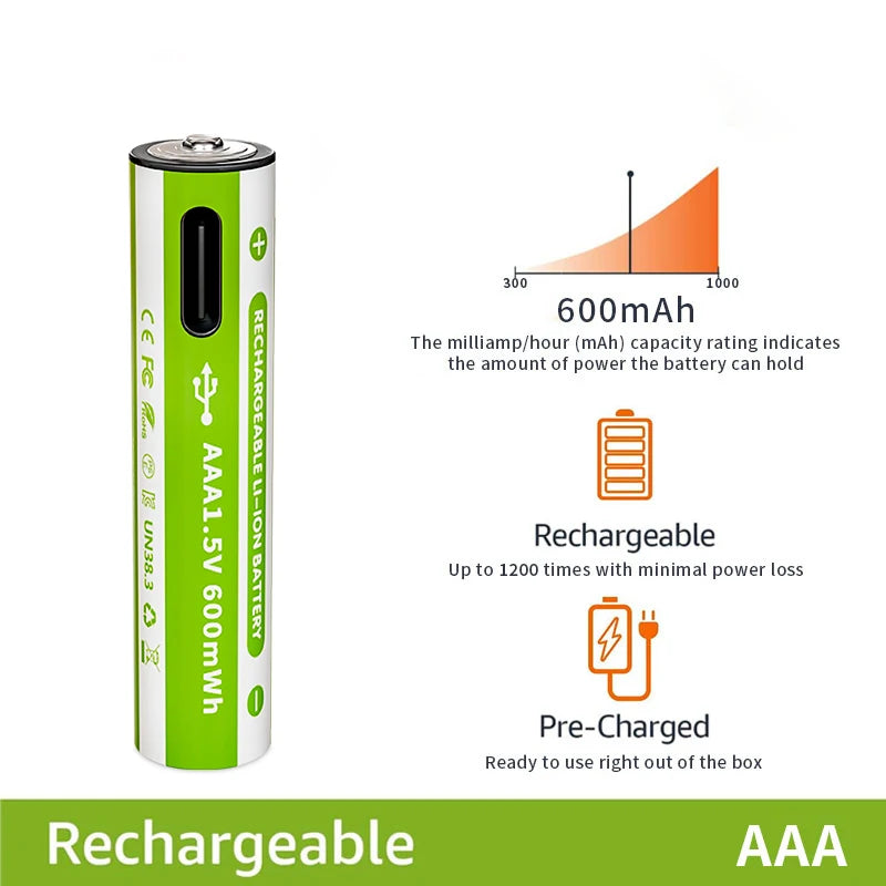 بطاريات AA قابلة للشحن 1.5V USB-C ليثيوم أيون – سعة 2500mWh، متعددة الاستخدامات وصديقة للبيئة