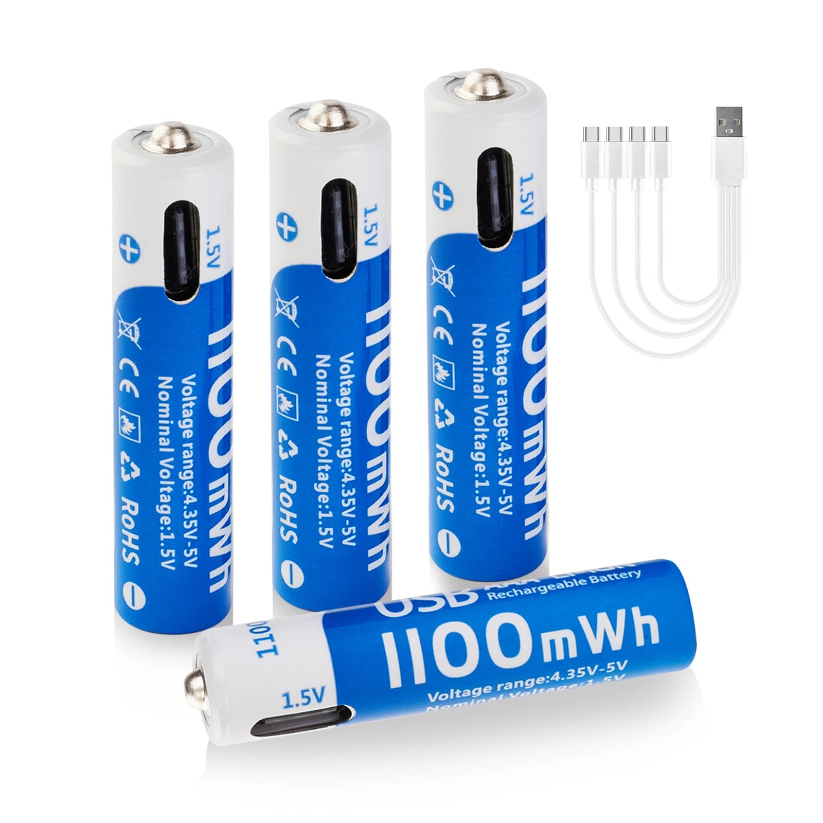 بطاريات AAA ليثيوم أيون قابلة للشحن عبر USB، بسعة 1100mAh وفولتية ثابتة 1.5V. مثالية للألعاب الإلكترونية، أجهزة التحكم، الميكروفونات، وأجهزة المنزل. خفيفة، عملية، صديقة للبيئة، وتتحمل حتى 1000 دورة شحن.