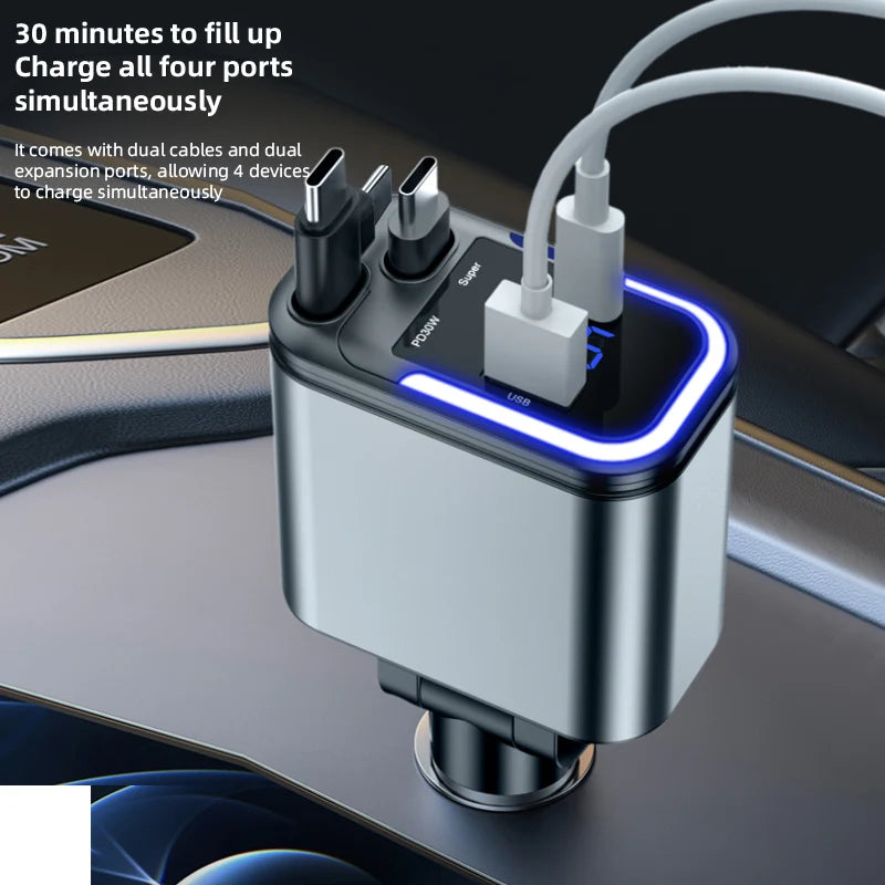شاحن سيارة رقمي 120W متعدد المنافذ (5 في 1) مع كابل قابل للسحب وشاشة عرض رقمية – شحن سريع وآمن
