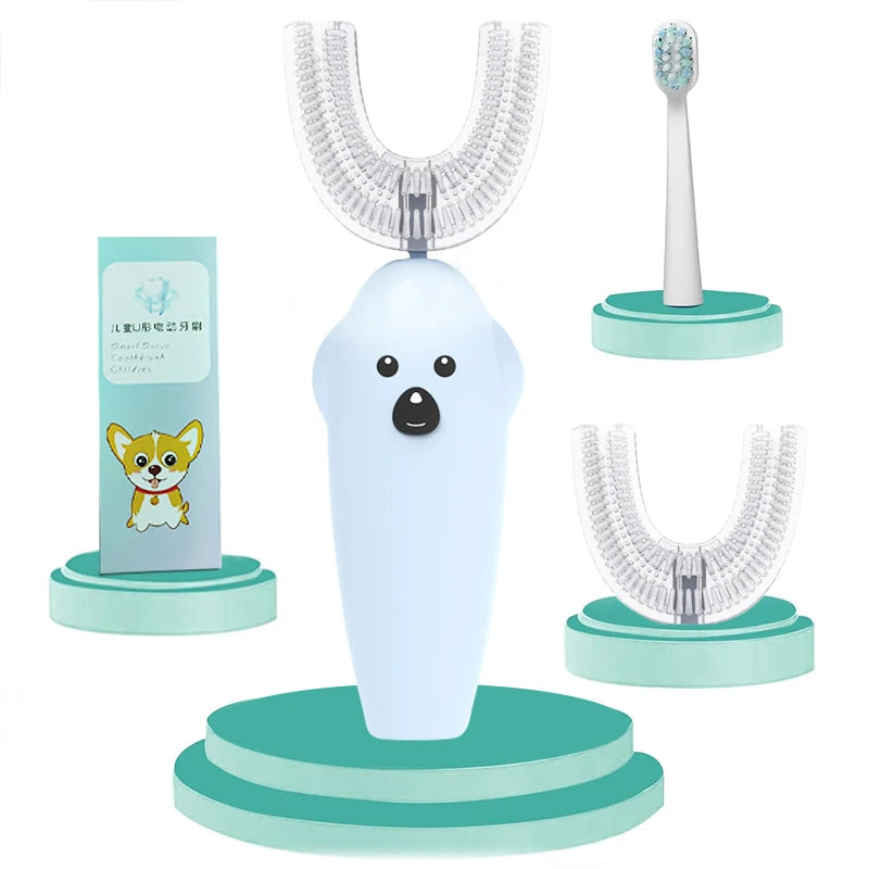 فرشاة أسنان كهربائية للأطفال على شكل U – سيليكون ناعم، مقاومة للماء IPX7، قابلة لإعادة الشحن