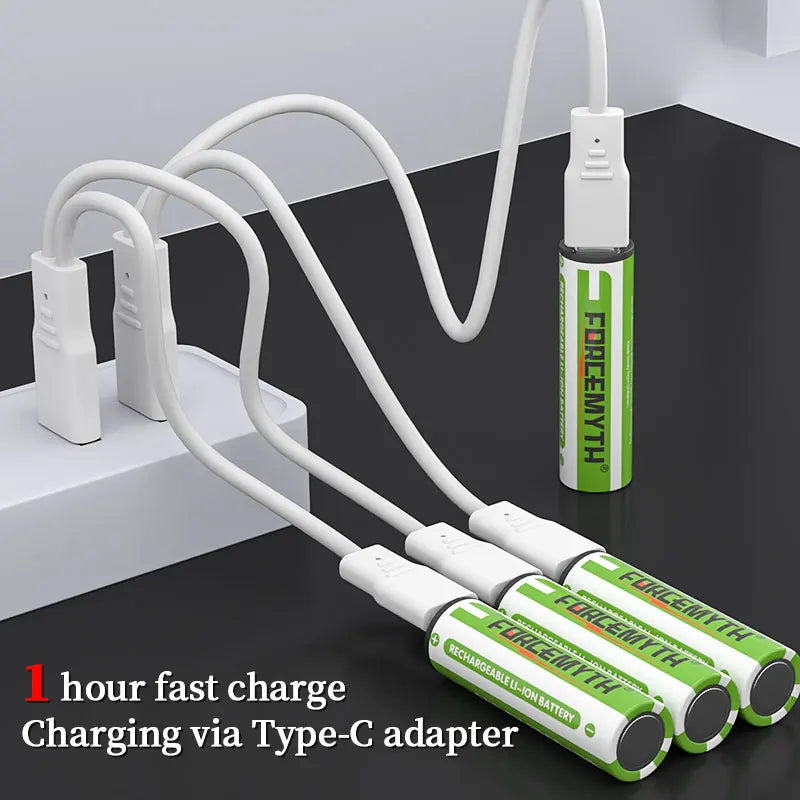 بطاريات AA قابلة للشحن 1.5V USB-C ليثيوم أيون – سعة 2500mWh، متعددة الاستخدامات وصديقة للبيئة