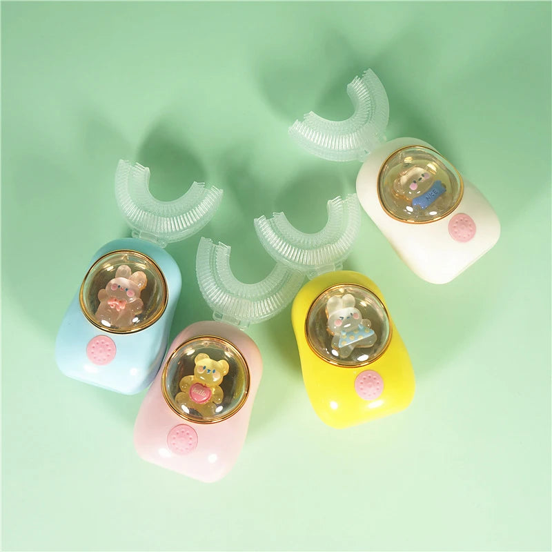 🪥 فرشاة أسنان كهربائية للأطفال على شكل حرف U – سيليكون فائق النعومة وقابلة لإعادة الشحن