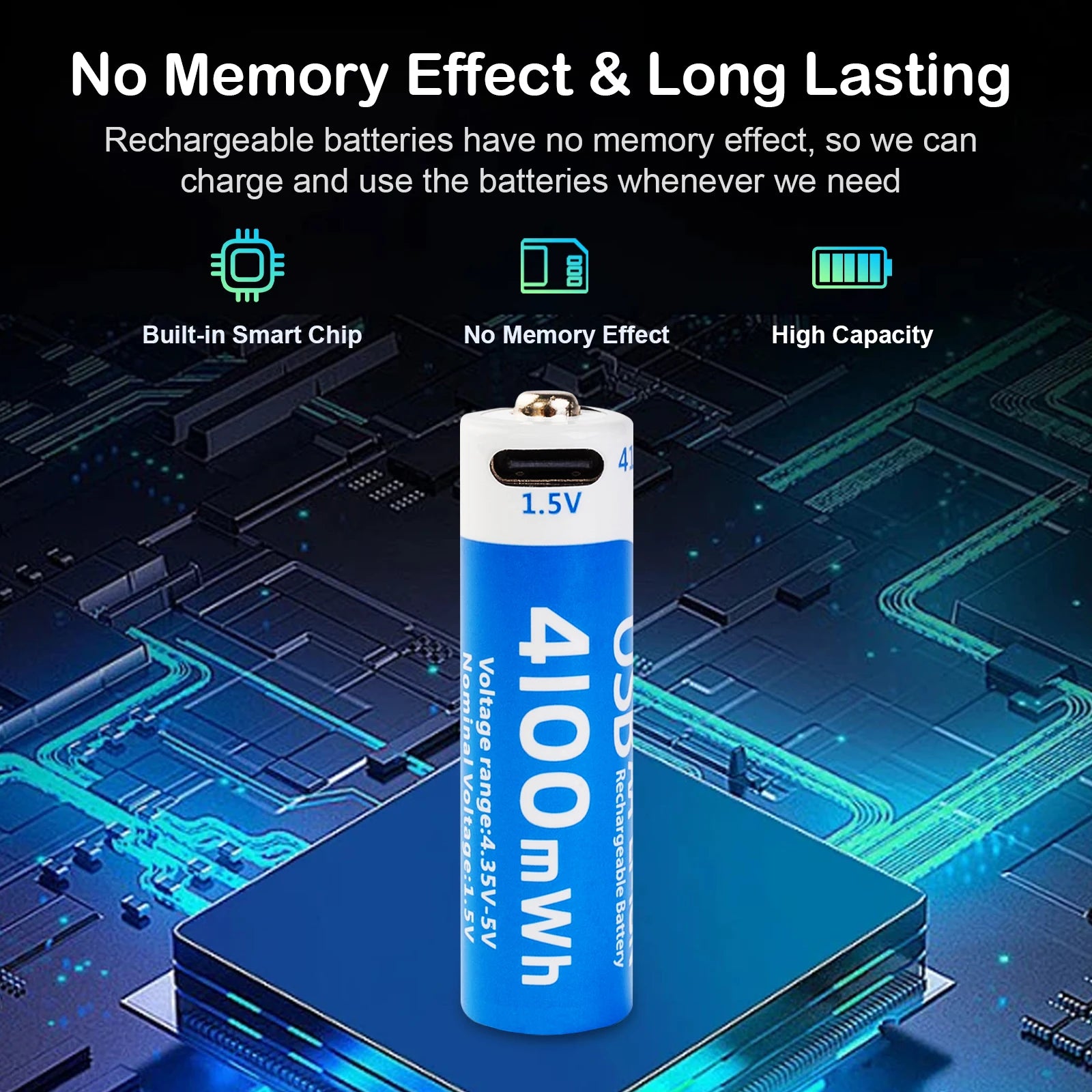 بطارية AA ليثيوم قابلة للشحن USB-C – سعة 4100mWh، جهد ثابت 1.5V، متعددة الاستخدامات