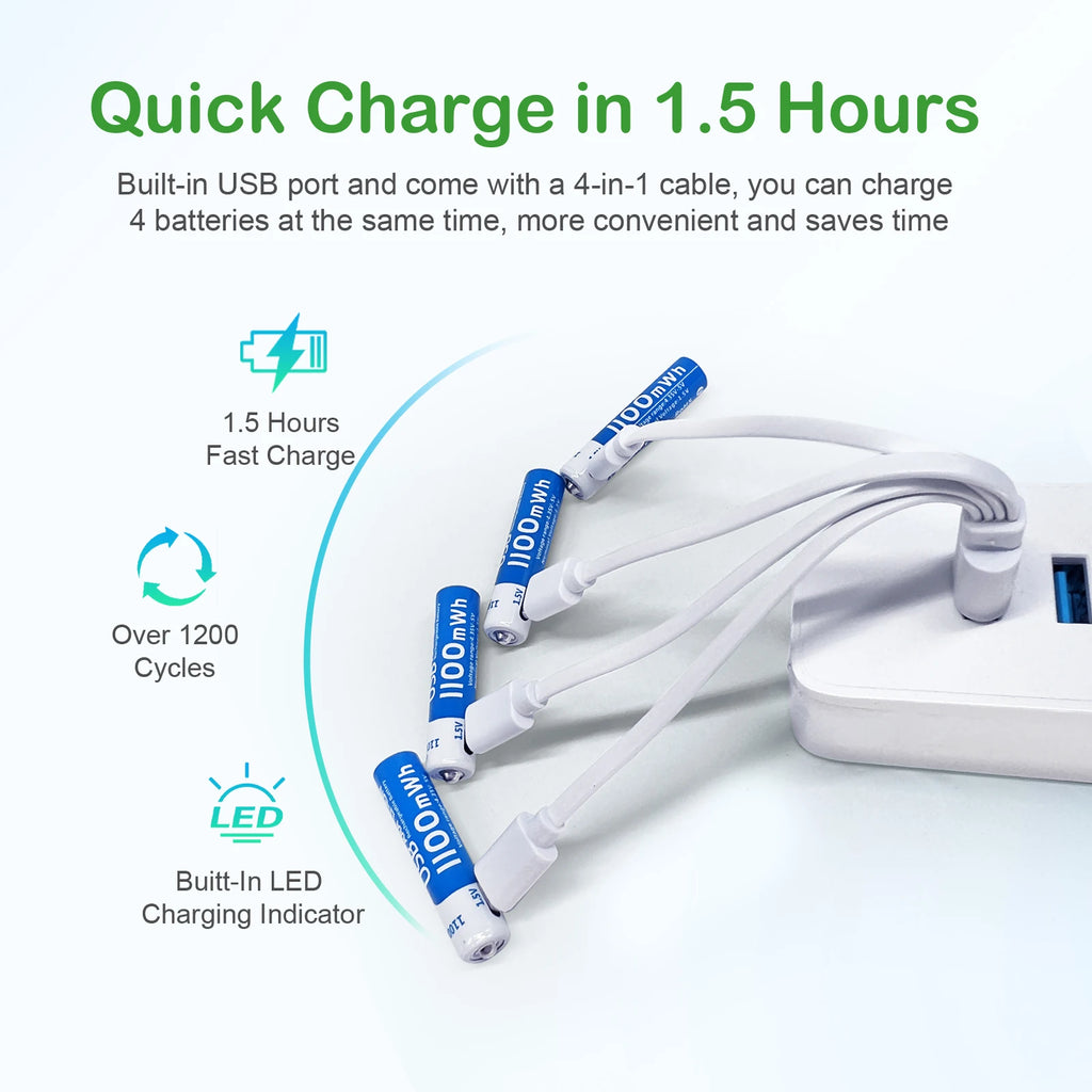 بطاريات AAA ليثيوم أيون قابلة للشحن عبر USB، بسعة 1100mAh وفولتية ثابتة 1.5V. مثالية للألعاب الإلكترونية، أجهزة التحكم، الميكروفونات، وأجهزة المنزل. خفيفة، عملية، صديقة للبيئة، وتتحمل حتى 1000 دورة شحن.