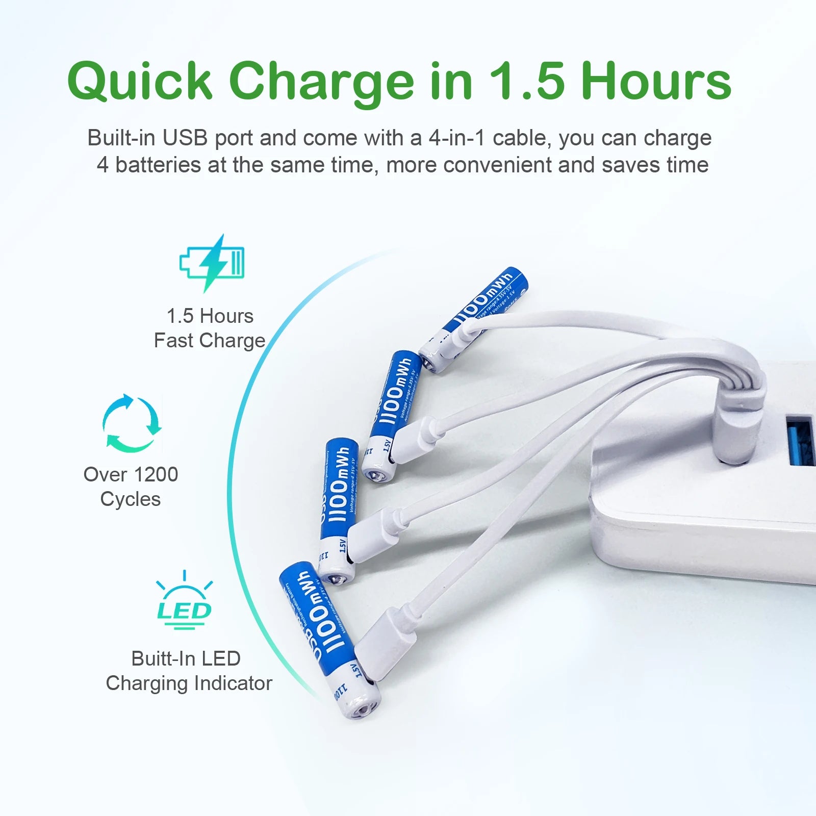 بطاريات AAA ليثيوم أيون قابلة للشحن عبر USB، بسعة 1100mAh وفولتية ثابتة 1.5V. مثالية للألعاب الإلكترونية، أجهزة التحكم، الميكروفونات، وأجهزة المنزل. خفيفة، عملية، صديقة للبيئة، وتتحمل حتى 1000 دورة شحن.