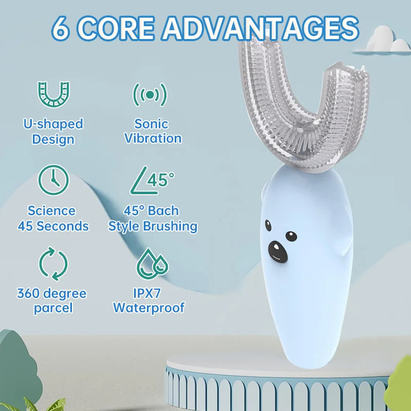 فرشاة أسنان كهربائية للأطفال على شكل U – سيليكون ناعم، مقاومة للماء IPX7، قابلة لإعادة الشحن