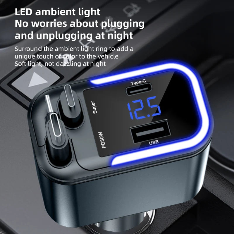 شاحن سيارة رقمي 120W متعدد المنافذ (5 في 1) مع كابل قابل للسحب وشاشة عرض رقمية – شحن سريع وآمن