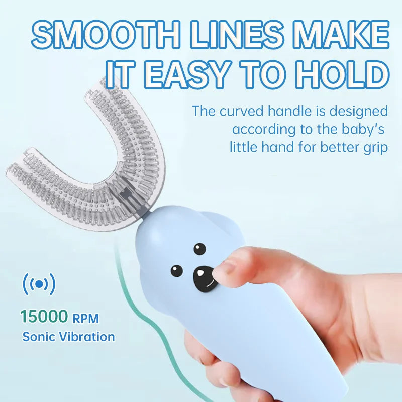 فرشاة أسنان كهربائية للأطفال على شكل U – سيليكون ناعم، مقاومة للماء IPX7، قابلة لإعادة الشحن