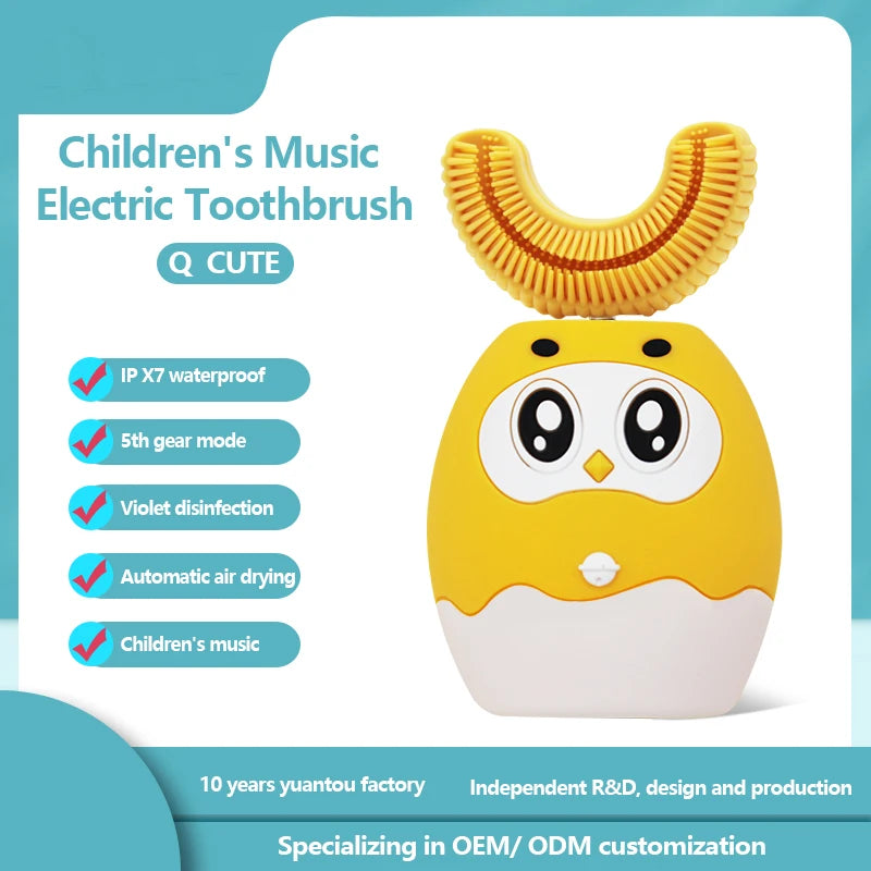 🪥 فرشاة أسنان كهربائية للأطفال على شكل حرف U – تصميم فيل كرتوني صغير