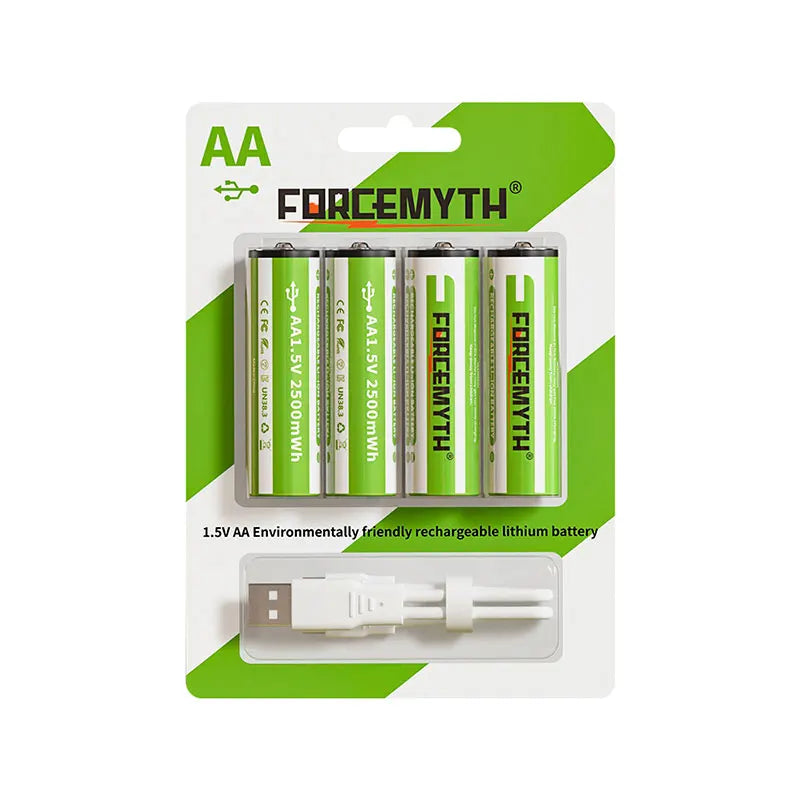 بطاريات AA قابلة للشحن 1.5V USB-C ليثيوم أيون – سعة 2500mWh، متعددة الاستخدامات وصديقة للبيئة