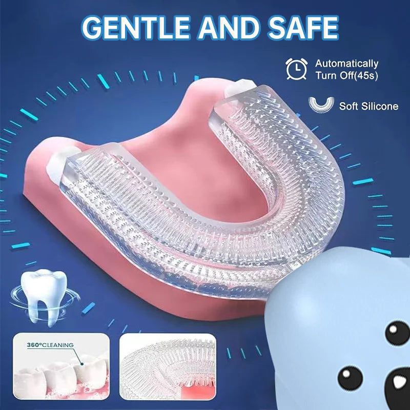 فرشاة أسنان كهربائية للأطفال على شكل U – سيليكون ناعم، مقاومة للماء IPX7، قابلة لإعادة الشحن