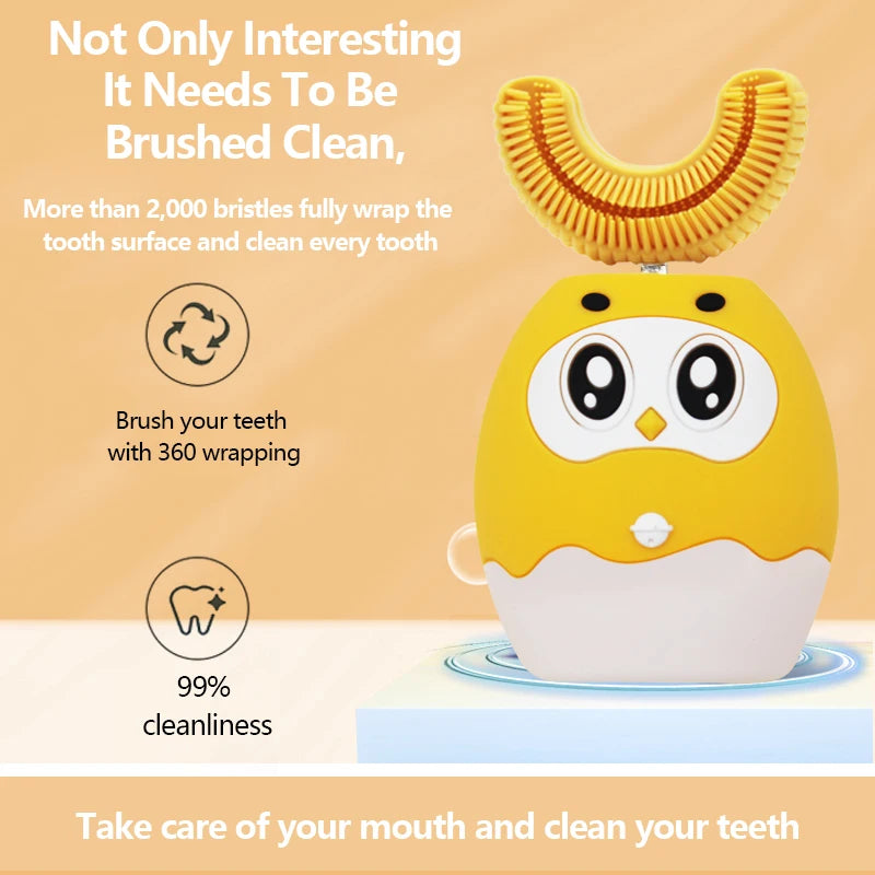 🪥 فرشاة أسنان كهربائية للأطفال على شكل حرف U – تصميم فيل كرتوني صغير