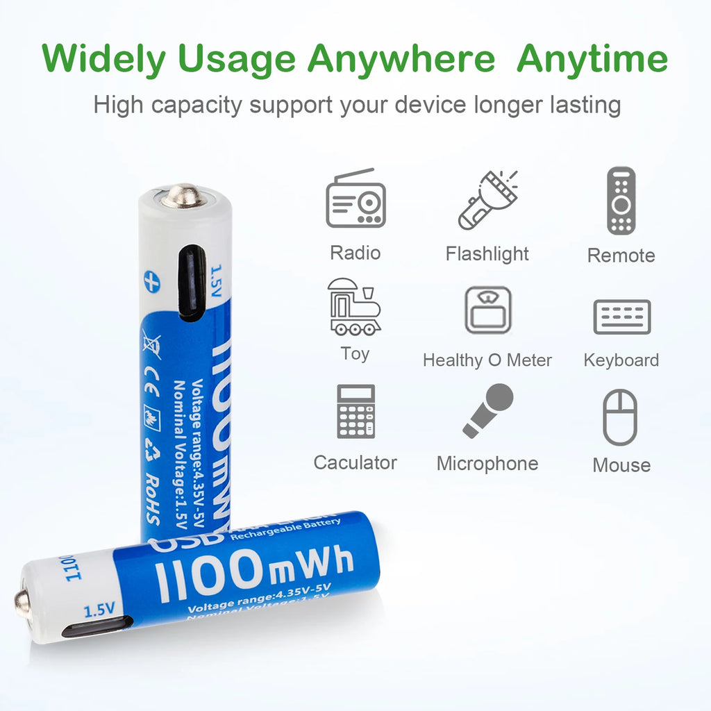 بطاريات AAA ليثيوم أيون قابلة للشحن عبر USB، بسعة 1100mAh وفولتية ثابتة 1.5V. مثالية للألعاب الإلكترونية، أجهزة التحكم، الميكروفونات، وأجهزة المنزل. خفيفة، عملية، صديقة للبيئة، وتتحمل حتى 1000 دورة شحن.