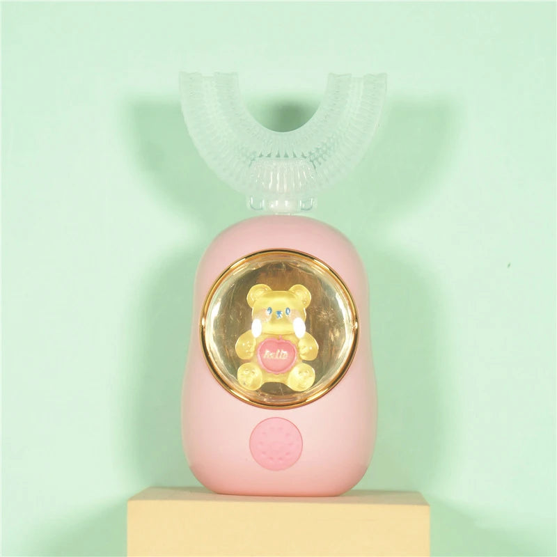 🪥 فرشاة أسنان كهربائية للأطفال على شكل حرف U – سيليكون فائق النعومة وقابلة لإعادة الشحن