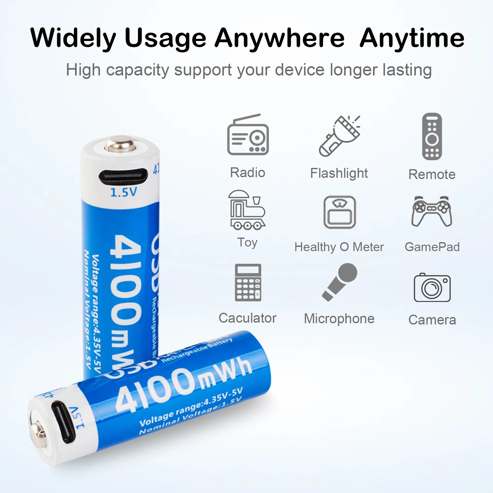 بطارية AA ليثيوم قابلة للشحن USB-C – سعة 4100mWh، جهد ثابت 1.5V، متعددة الاستخدامات