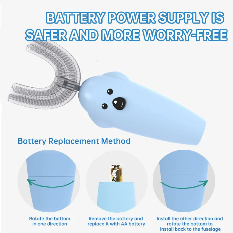 فرشاة أسنان كهربائية للأطفال على شكل U – سيليكون ناعم، مقاومة للماء IPX7، قابلة لإعادة الشحن